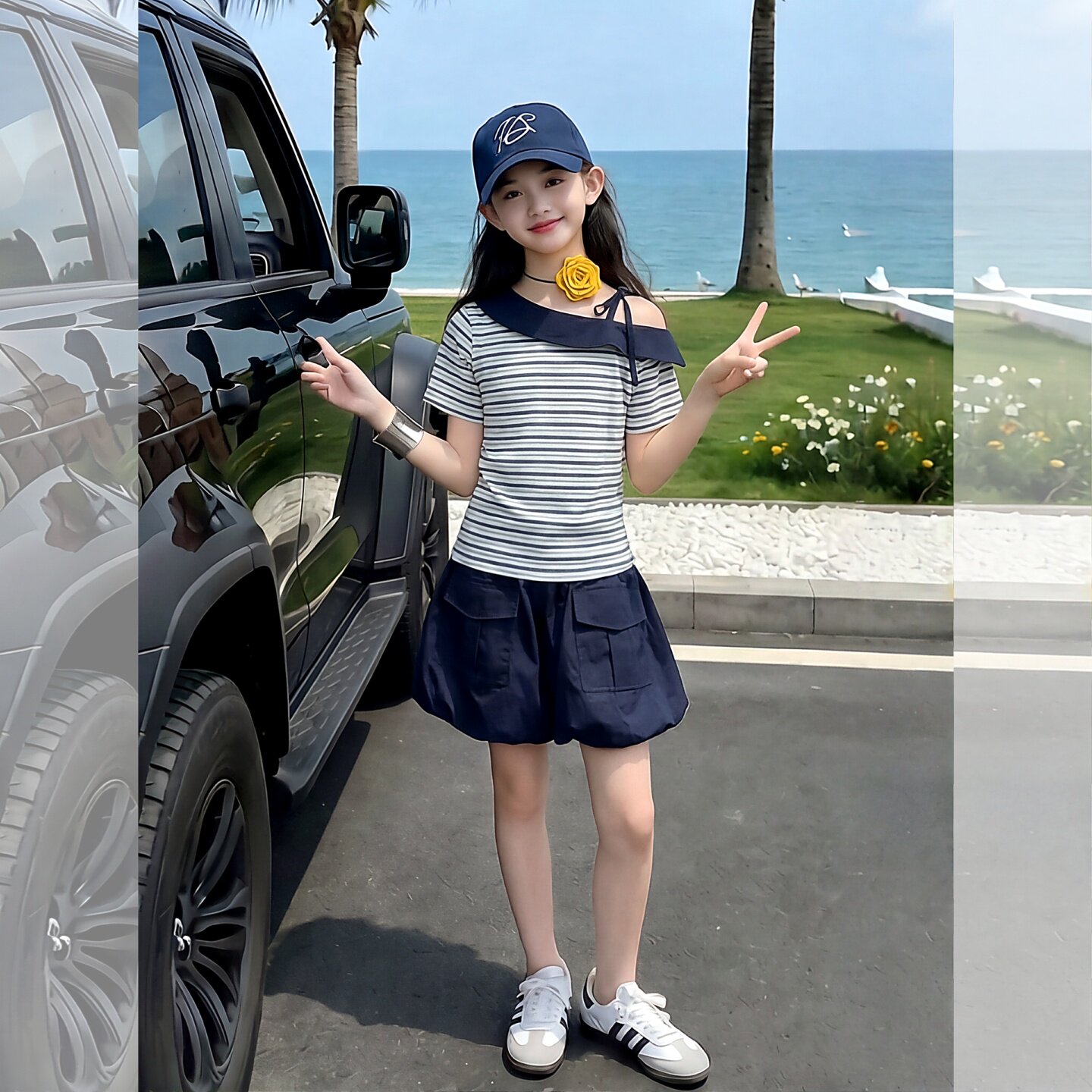女童夏斜肩条纹短袖花苞裙裤套装