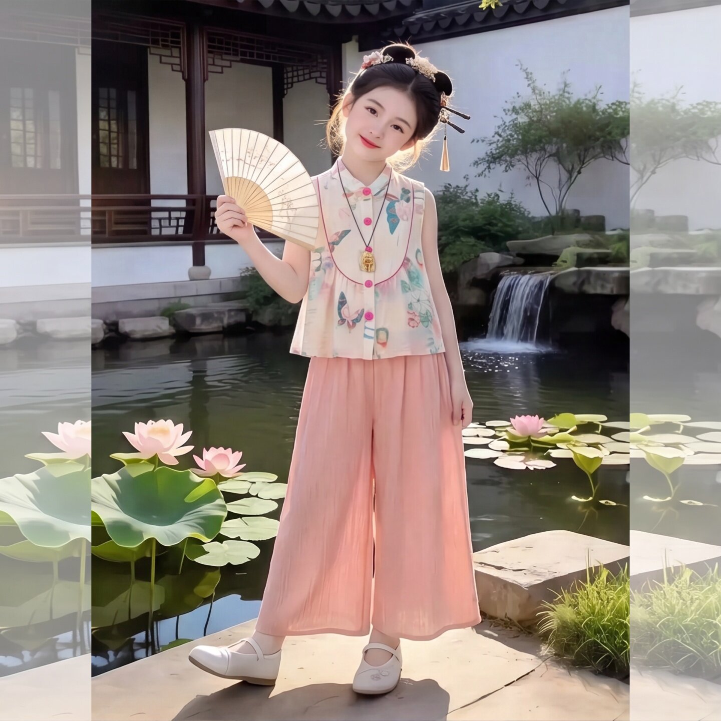 女童夏季国风款娃娃衫阔腿裤套装