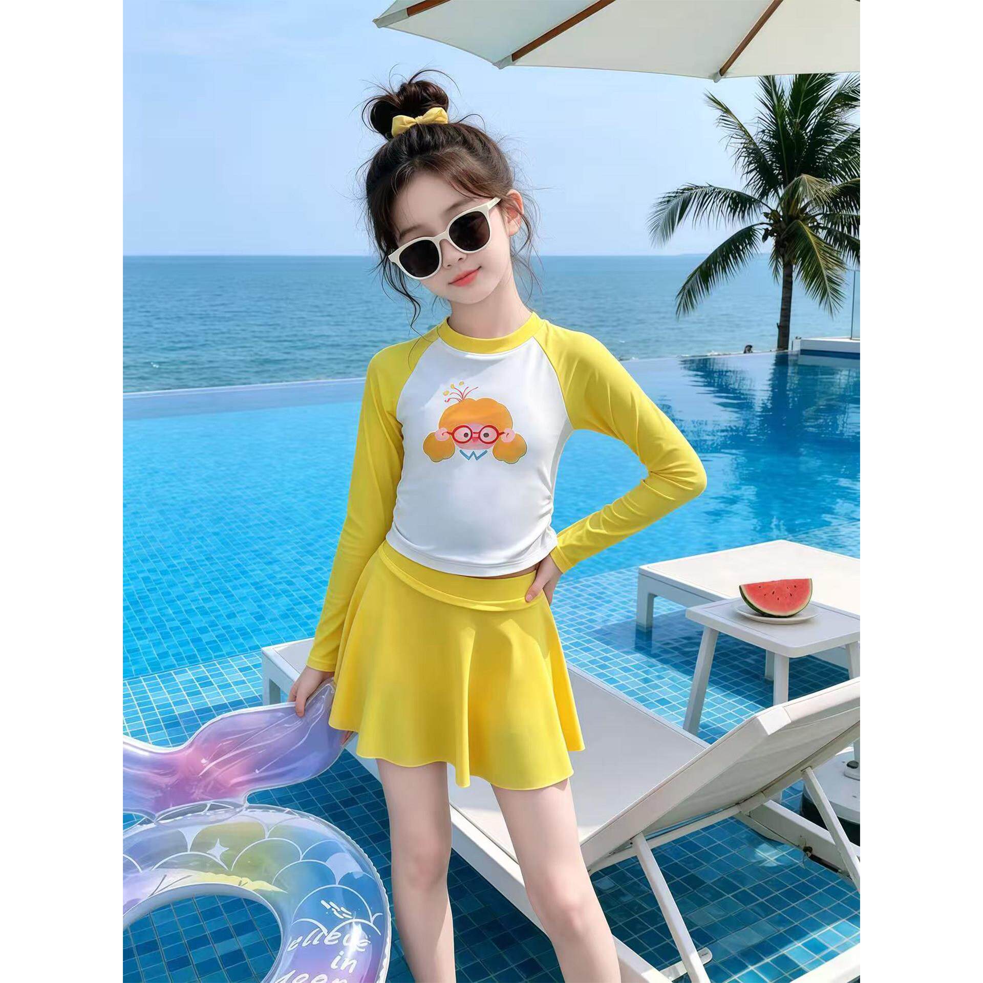 女童泳衣2026新款夏季大童黄色卡通款长袖防晒防走光学生儿童泳装