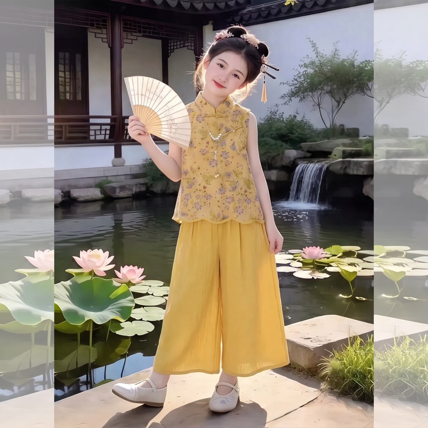 女童夏季绣花无袖上衣阔腿裤套装