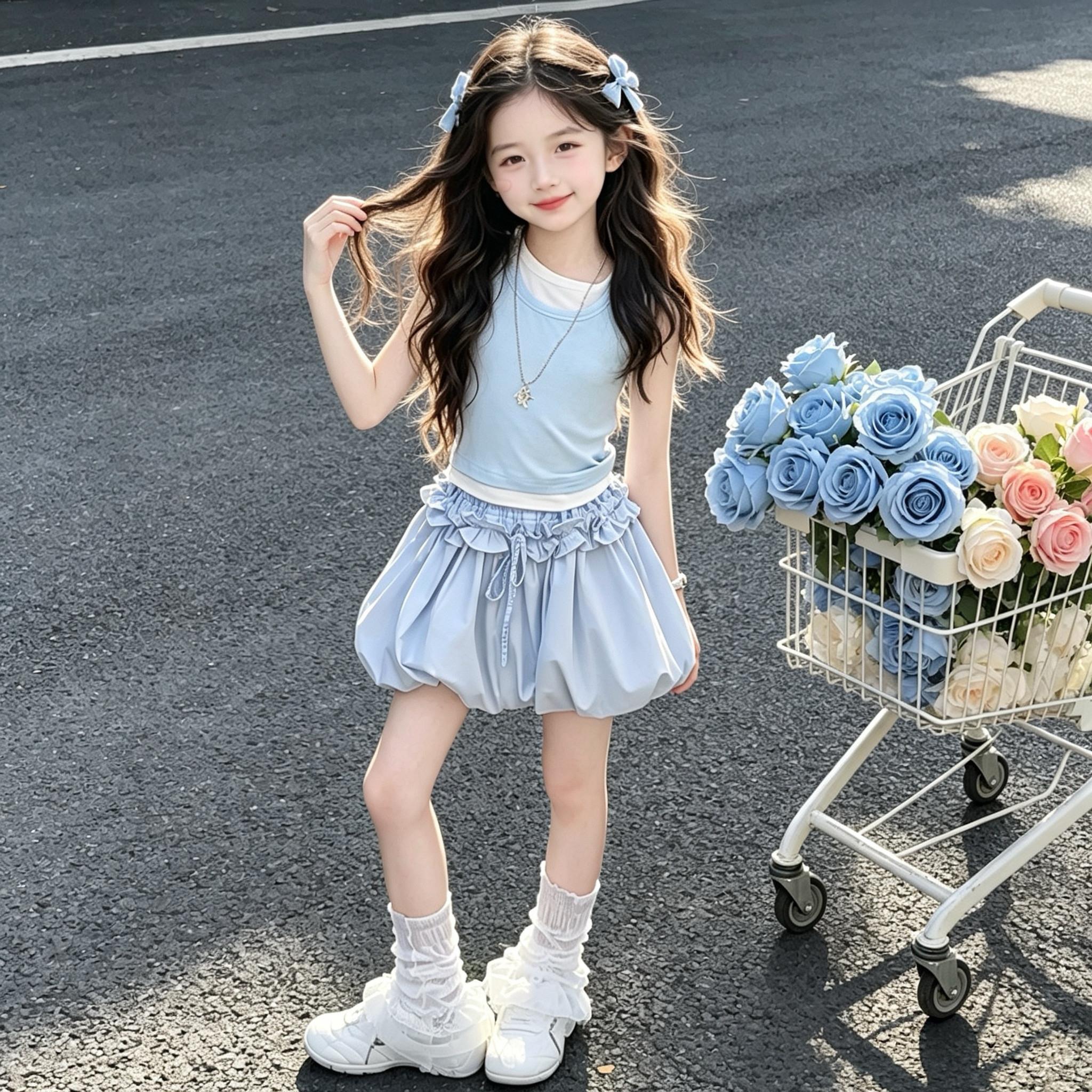 女童甜妹风套装夏2026新款儿童无袖背心花苞蓬蓬裙儿童洋气两件套