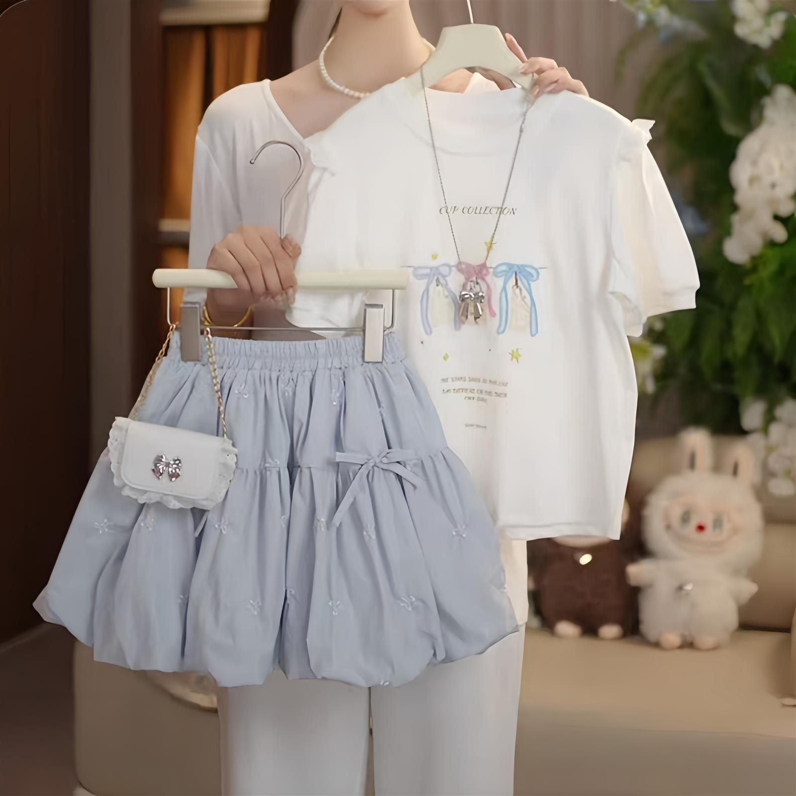 女大童夏季休闲套装2026新款儿童甜美小女孩刺绣短袖蝴蝶结裤裙潮