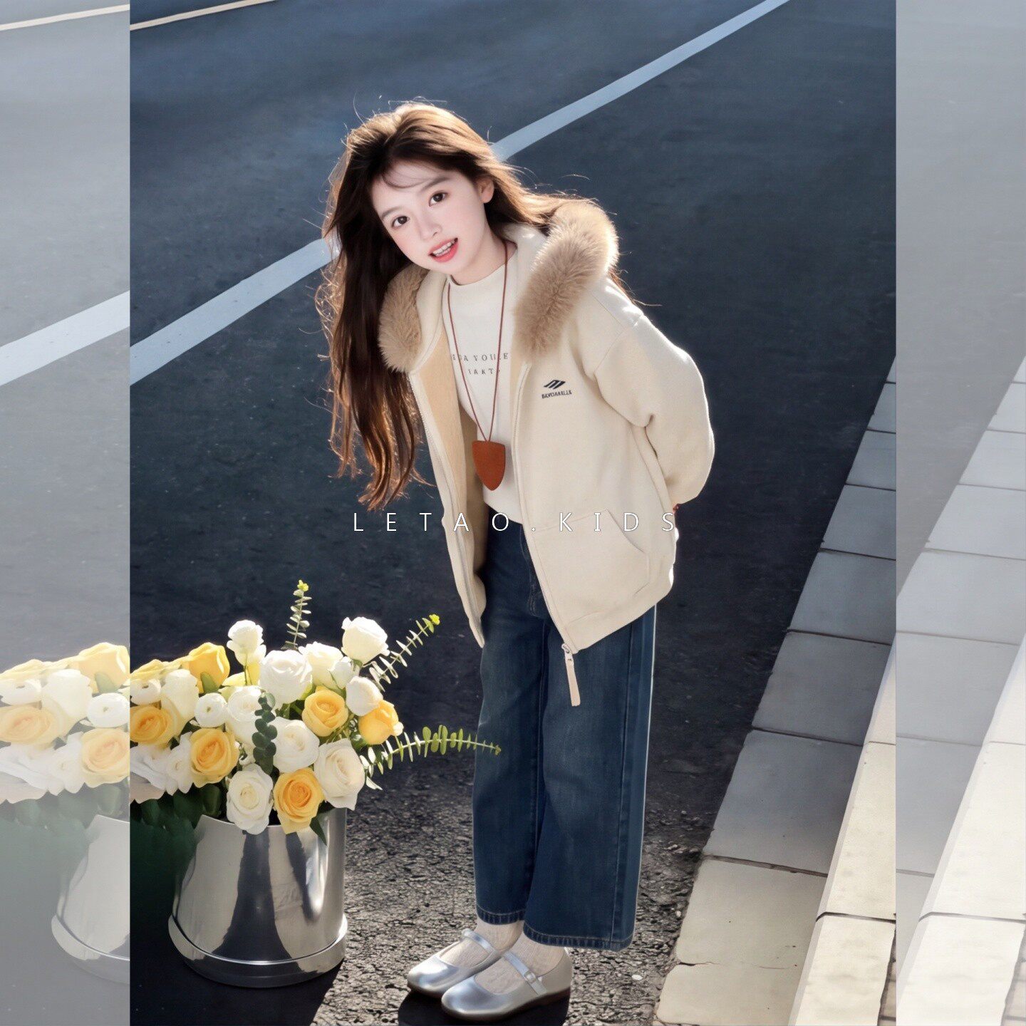 秋冬女童加绒加厚毛领连帽外套