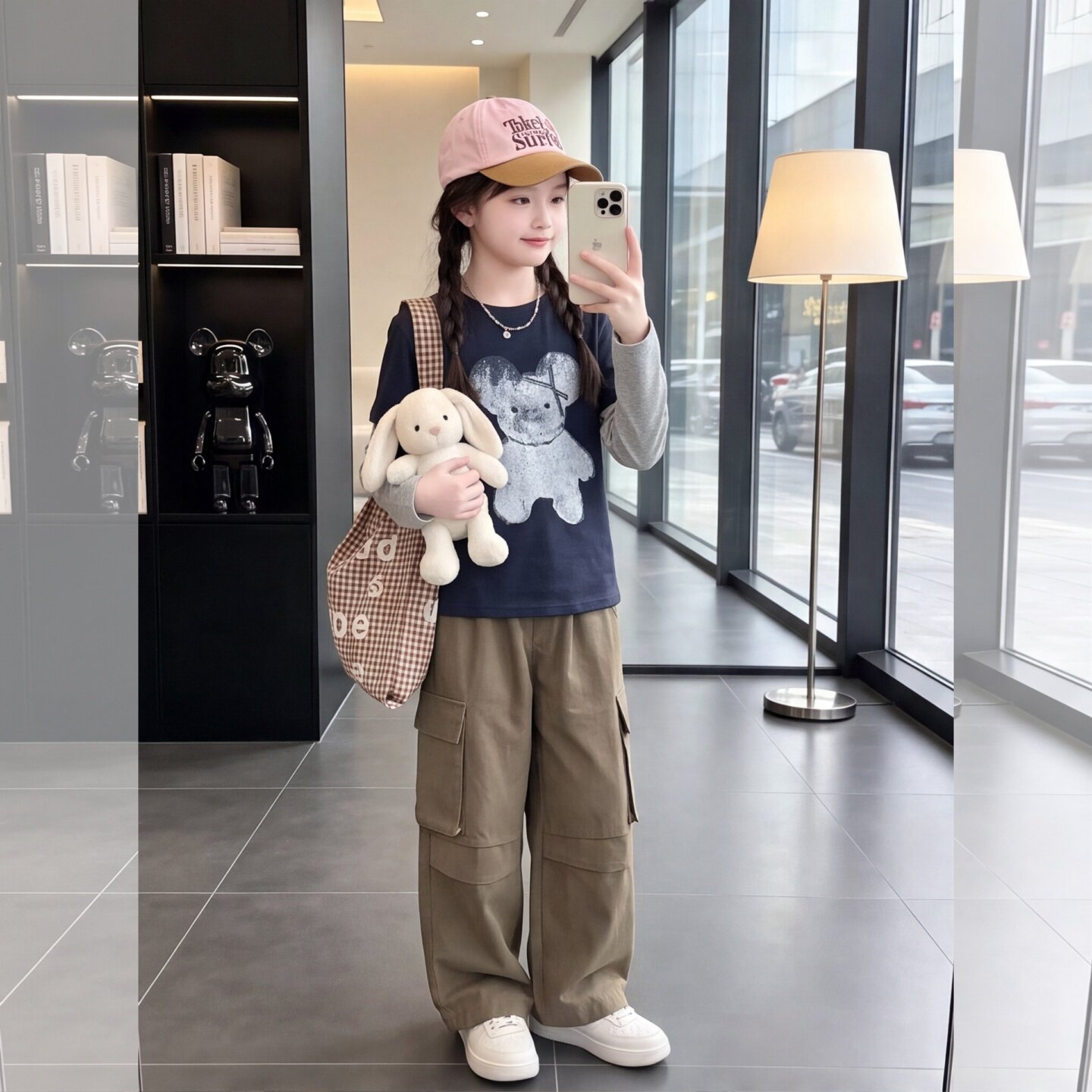女童秋季小熊假两件工装裤套装