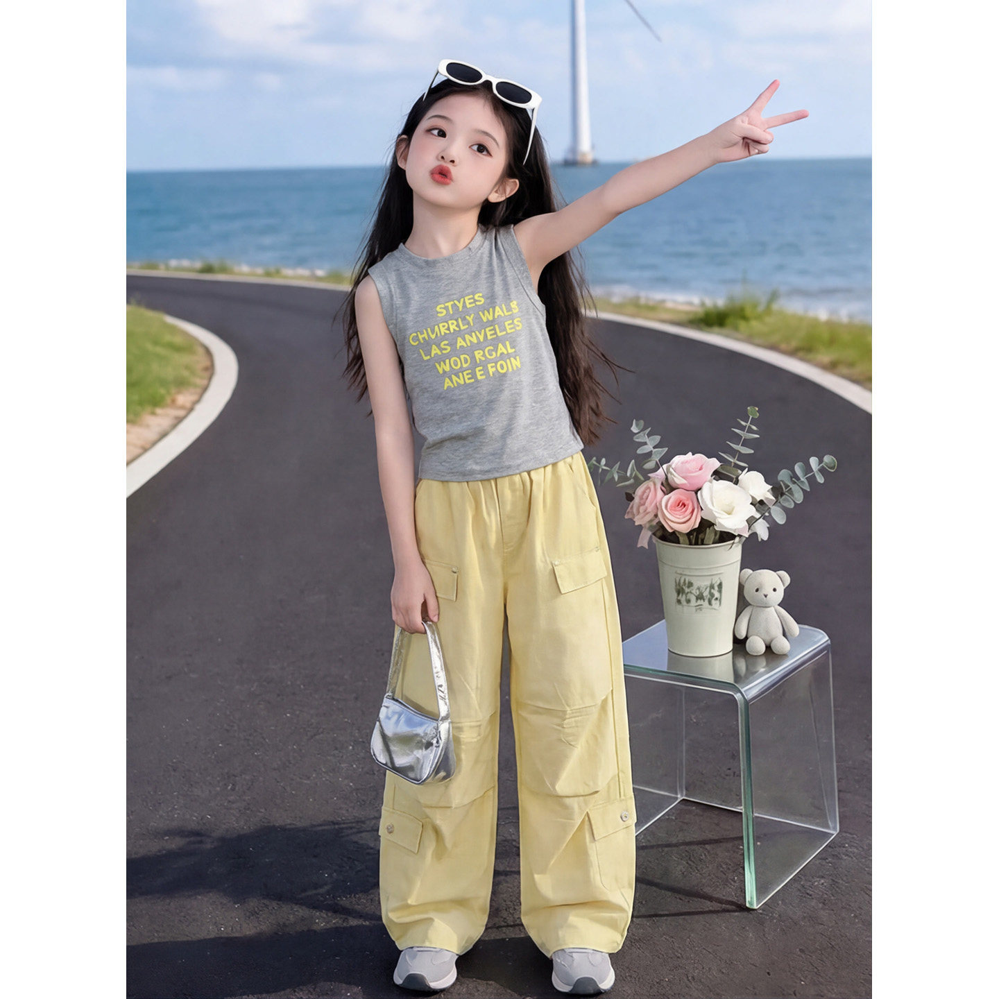 女童工装裤套装夏季薄款休闲时髦洋气女大童夏天背心夏装儿童衣服