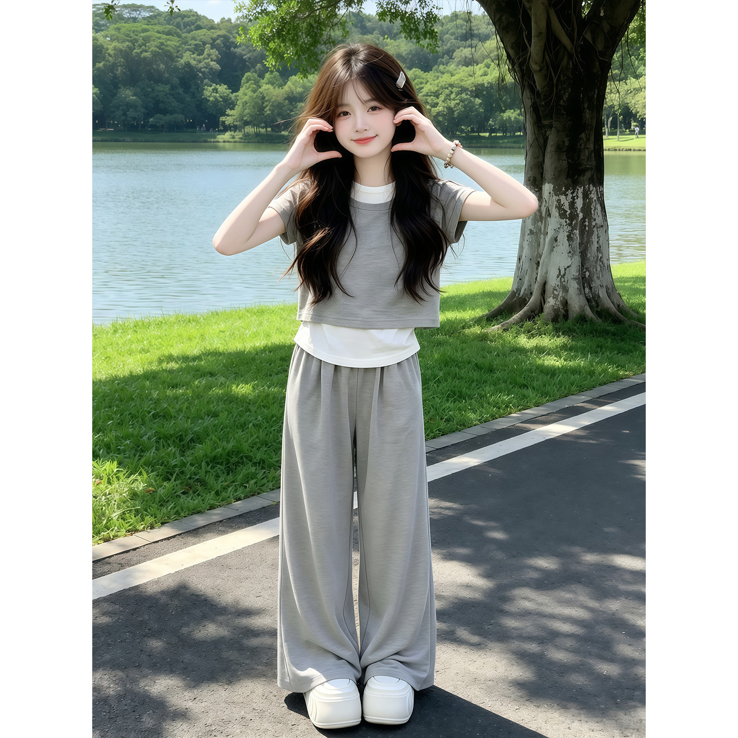 女童夏季休闲套装2026新款儿童洋气假两件短袖夏装阔腿裤两件套潮