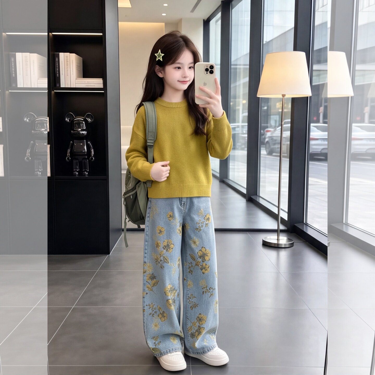 女大童春秋花朵毛衣牛仔裤两件套