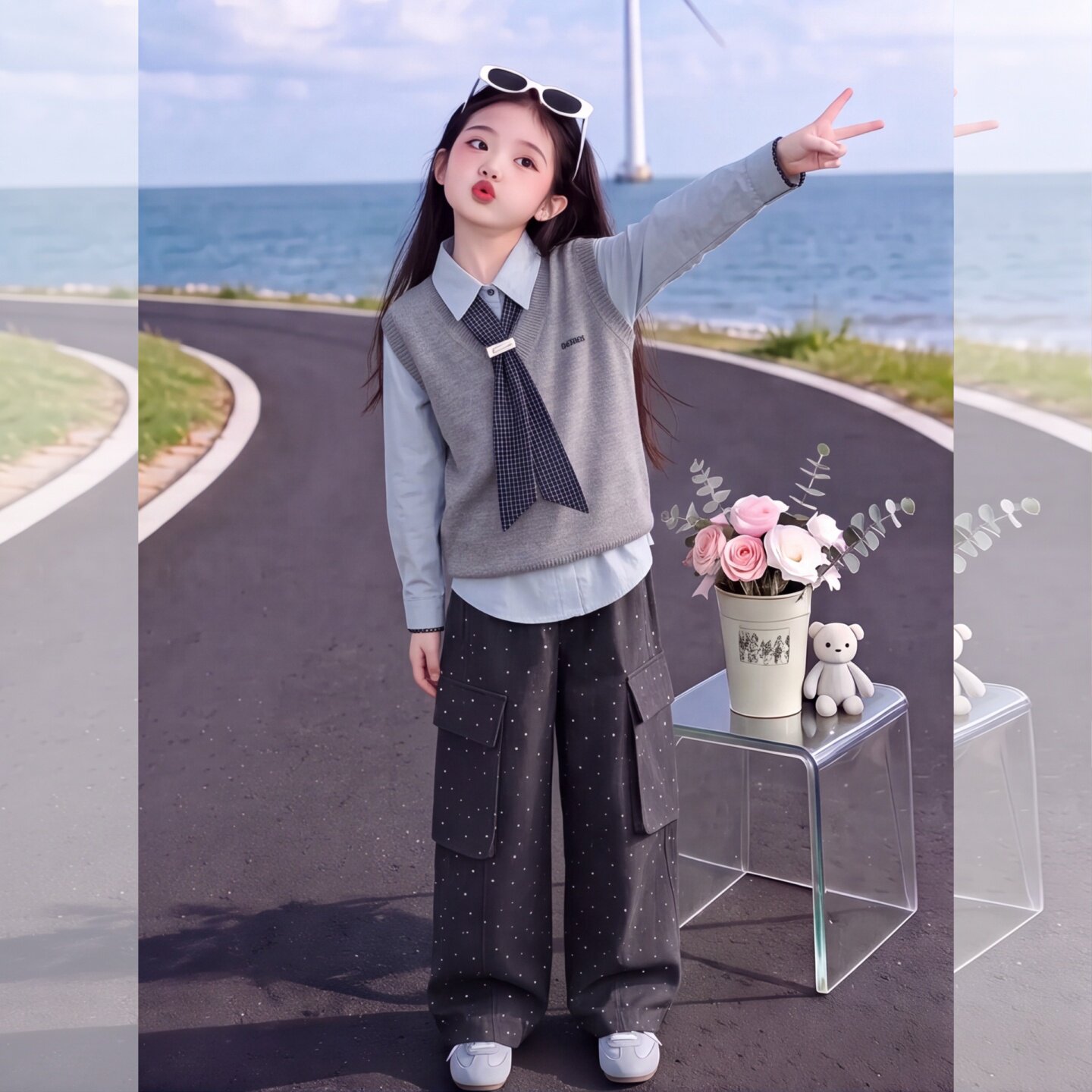 女童秋装马甲衬衫套装2026新款女