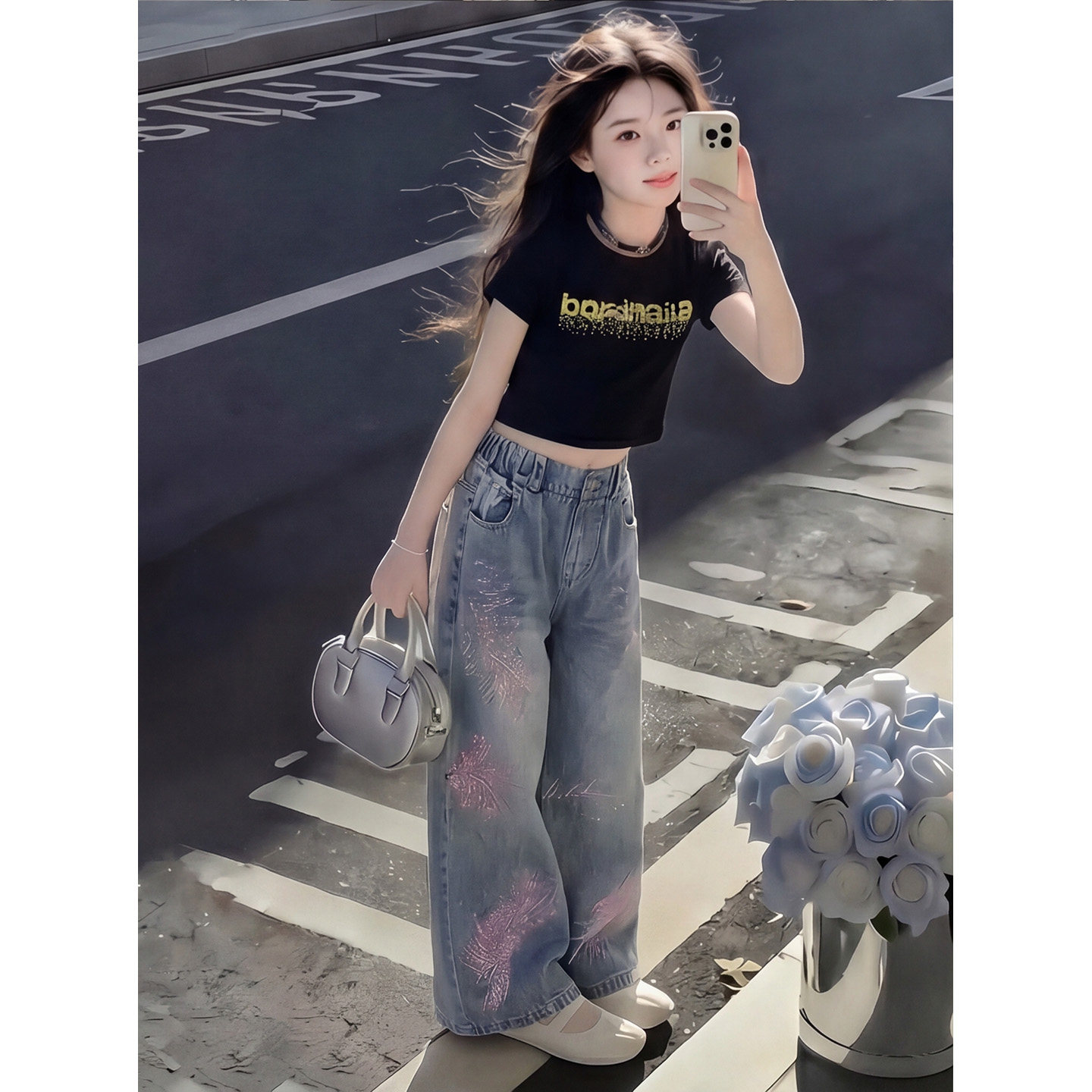 女童夏季牛仔裤中大童网红烫钻裤