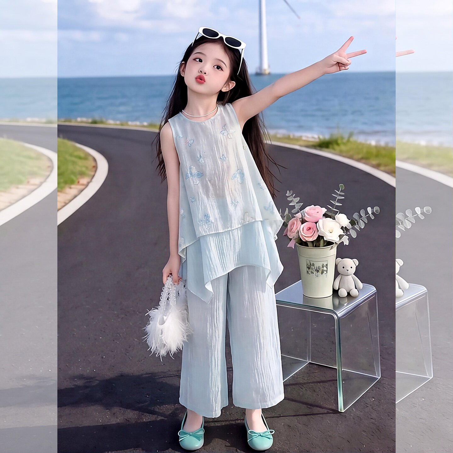 女童夏无袖刺绣花朵阔腿裤两件套
