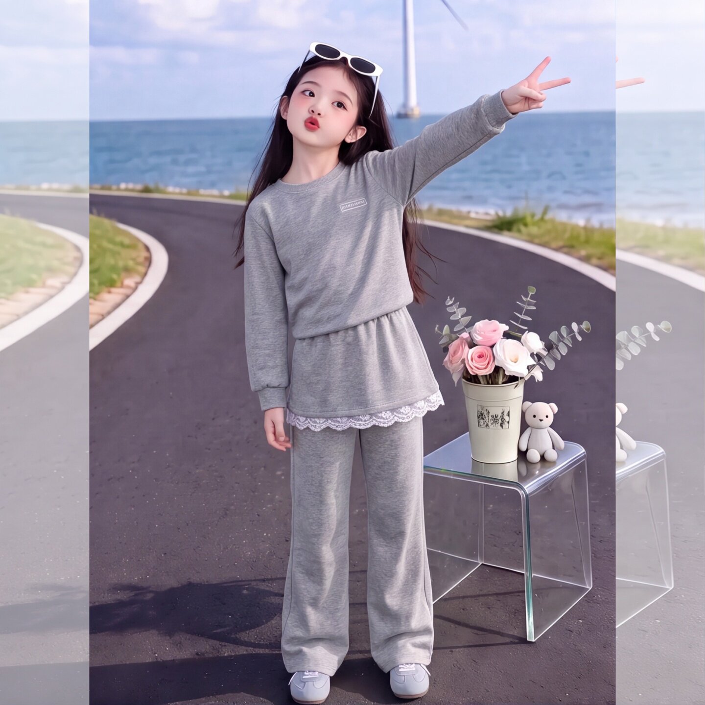 女大童秋季韩系蕾丝拼接喇叭裤时
