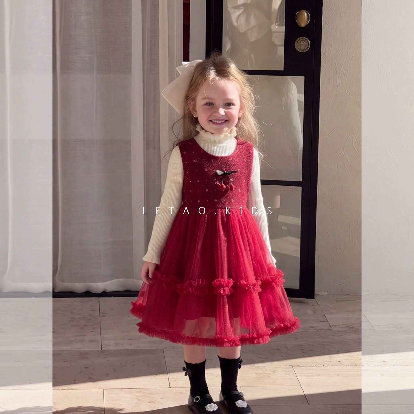 女童连衣裙2026新款秋冬红色中大