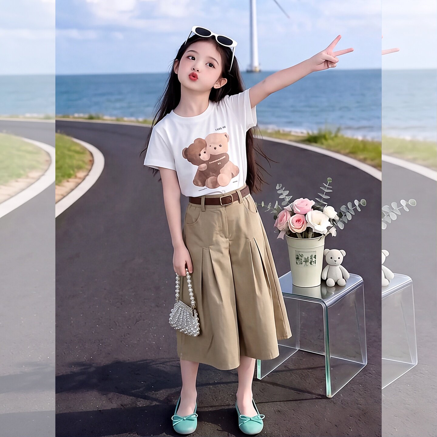 女童夏小熊短袖T恤半身裙两件套