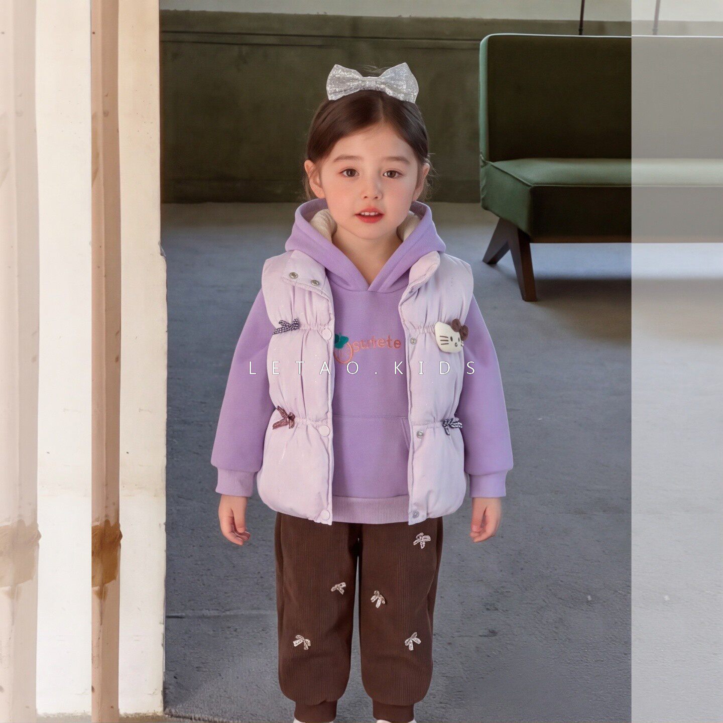 女童棉服冬装马甲裤子女宝宝加绒卫衣三件套儿童时髦洋气保暖套装
