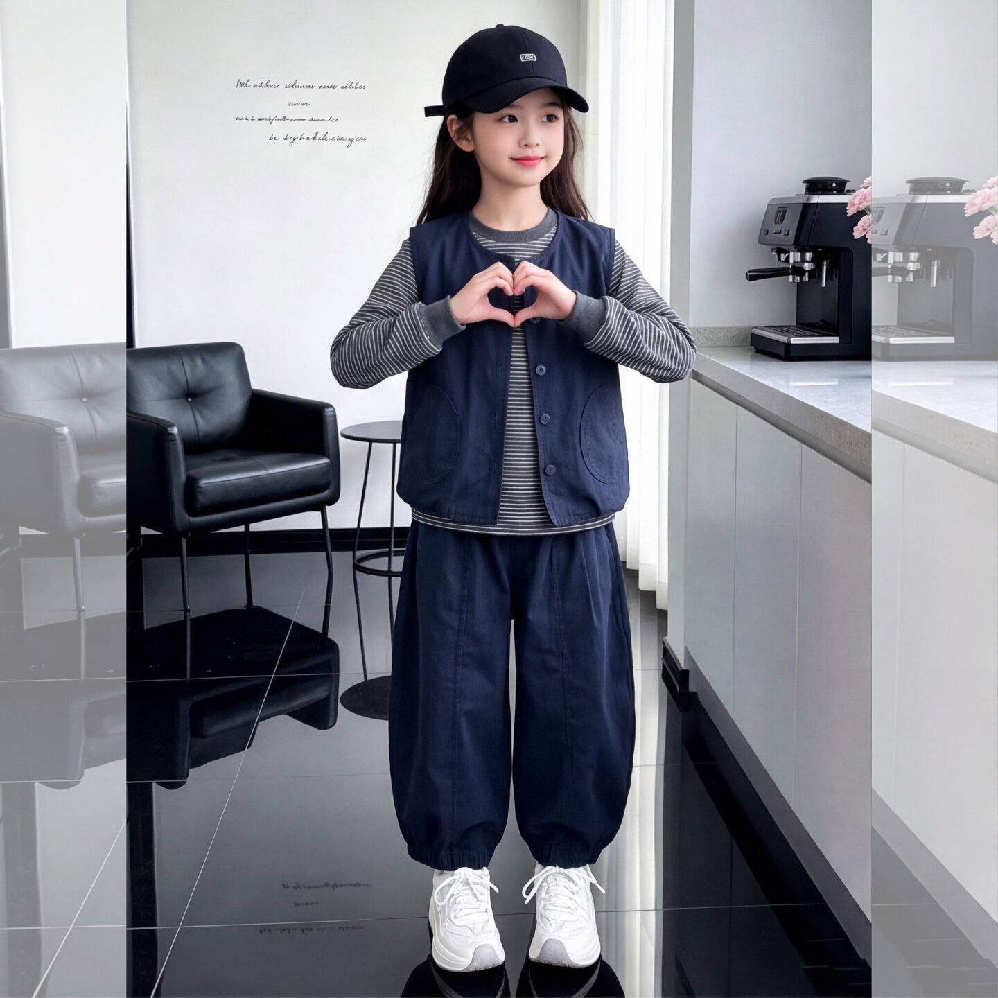 女童秋季时髦牛仔马甲条纹内搭休