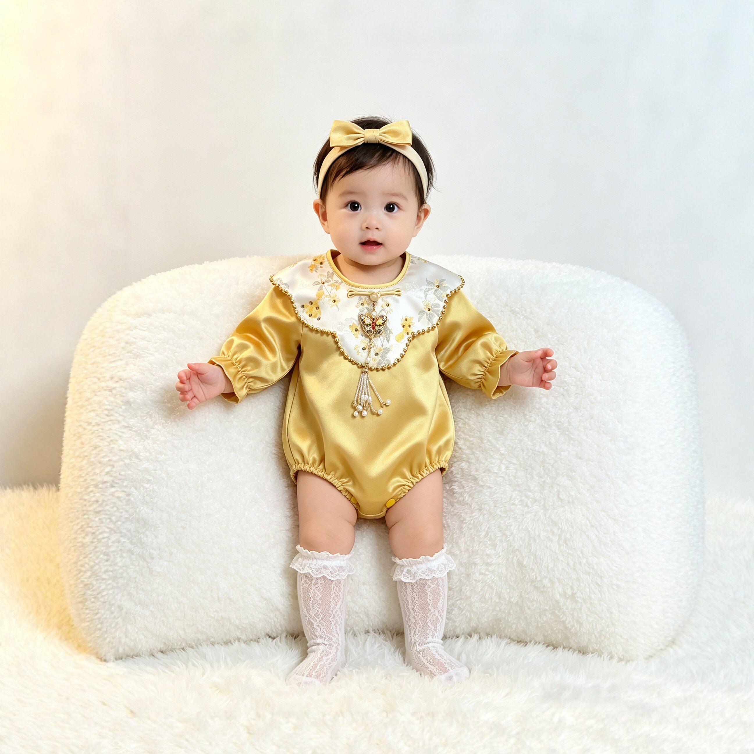 女童2026秋季新款黄色长袖云肩连体哈衣洋气外出爬服宝宝周岁礼服