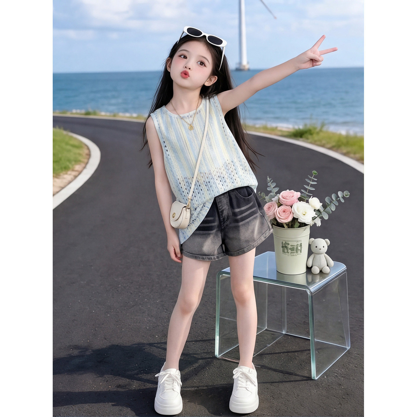 女童镂空背心罩衫套装儿童韩系