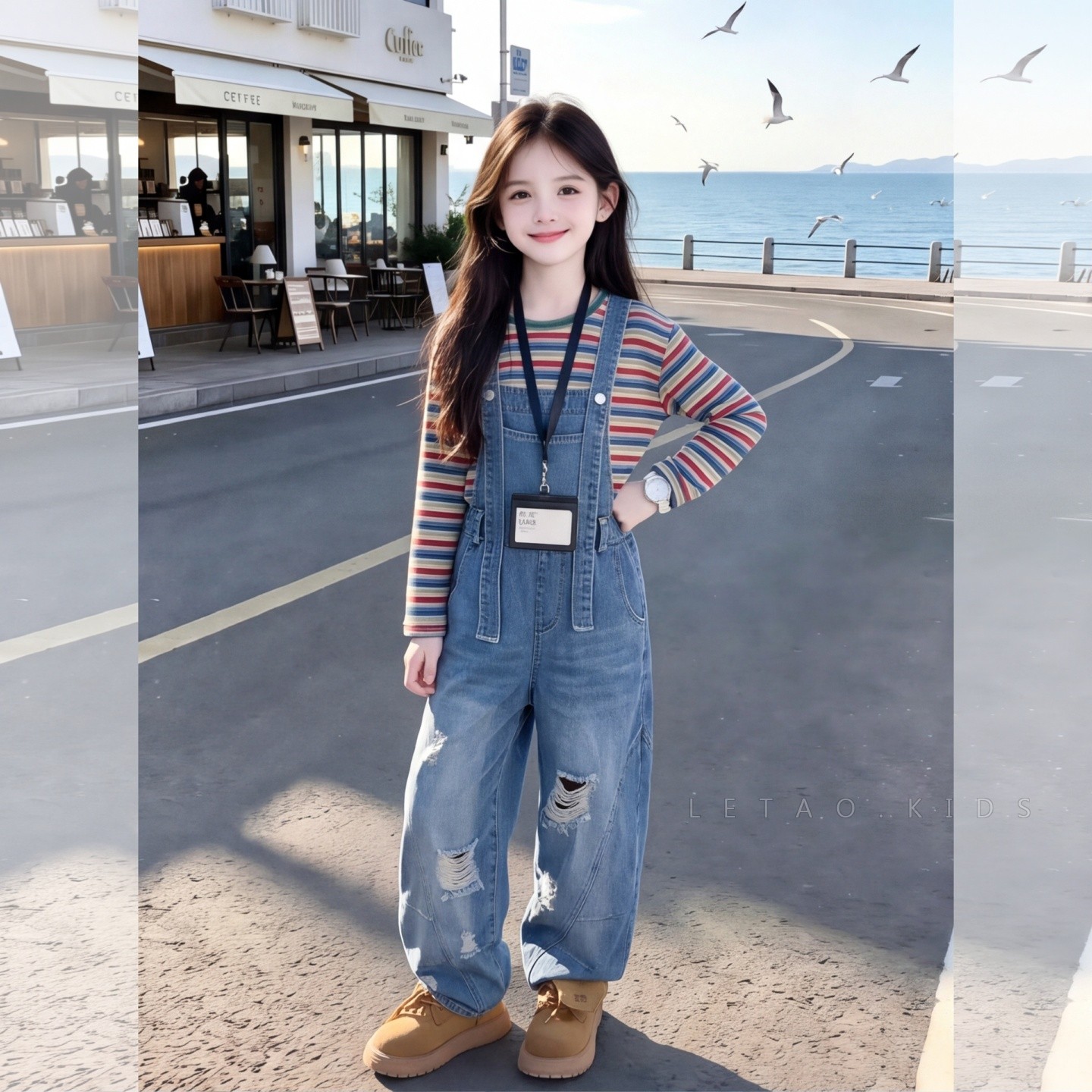 女童破洞牛仔背带秋季新款高街风