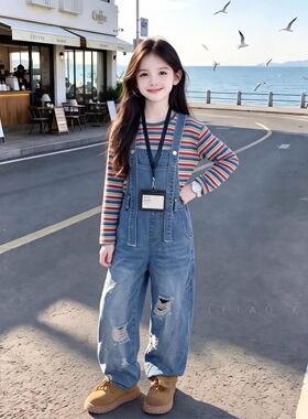 女童破洞牛仔背带秋季新款高街风