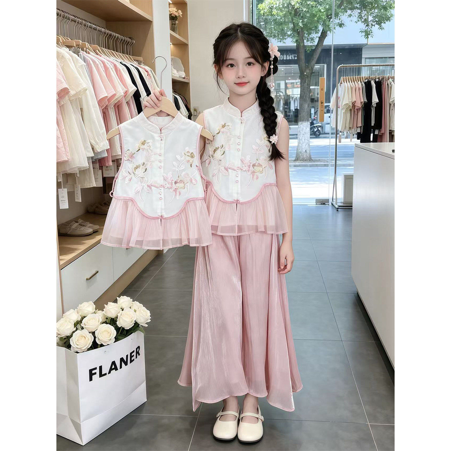 女童新中式国风汉服套装夏装2026新款马甲背心阔腿裤表演服两件套