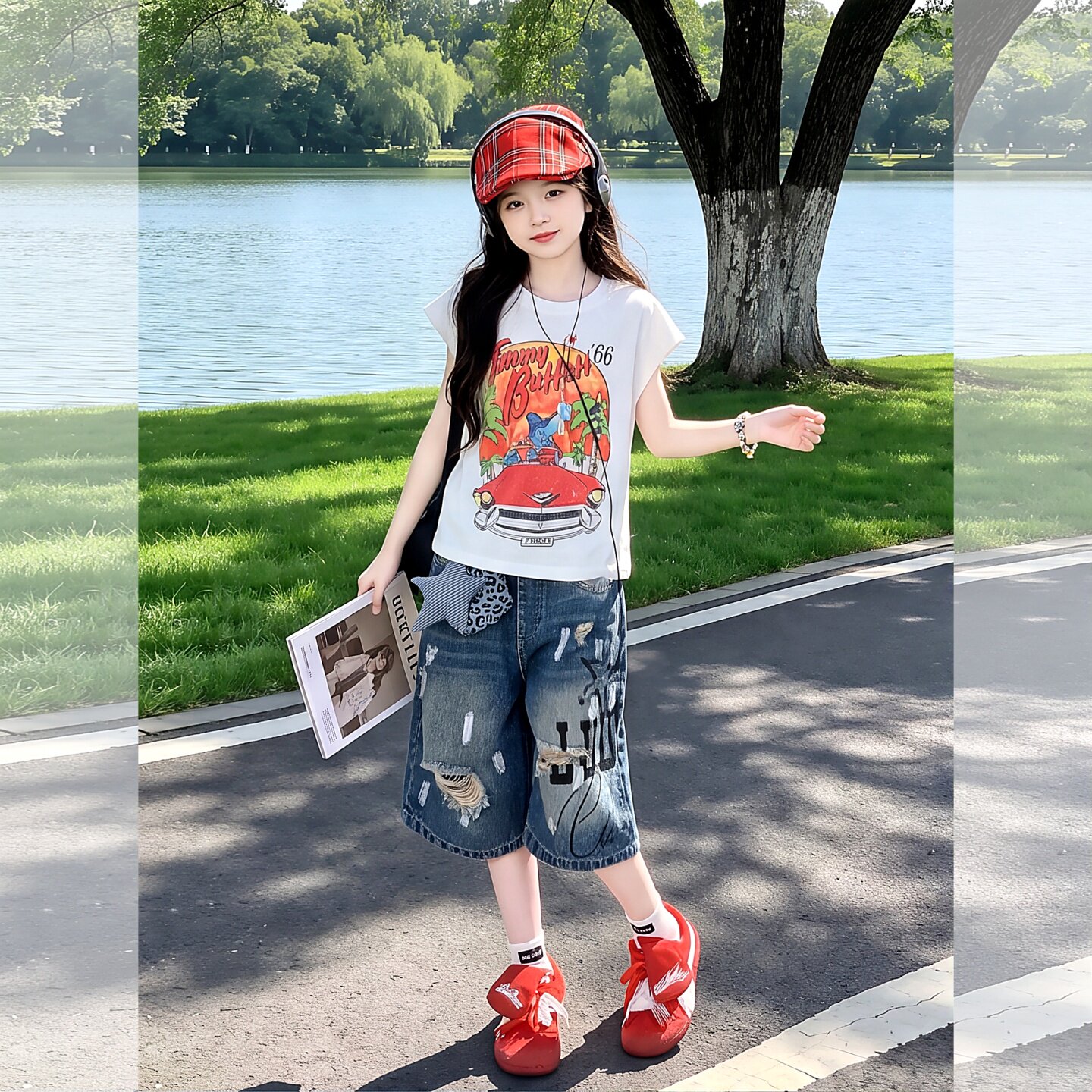 女童韩版显瘦牛仔短裤套装夏季2026新款中大童宽松破洞百搭中裤潮