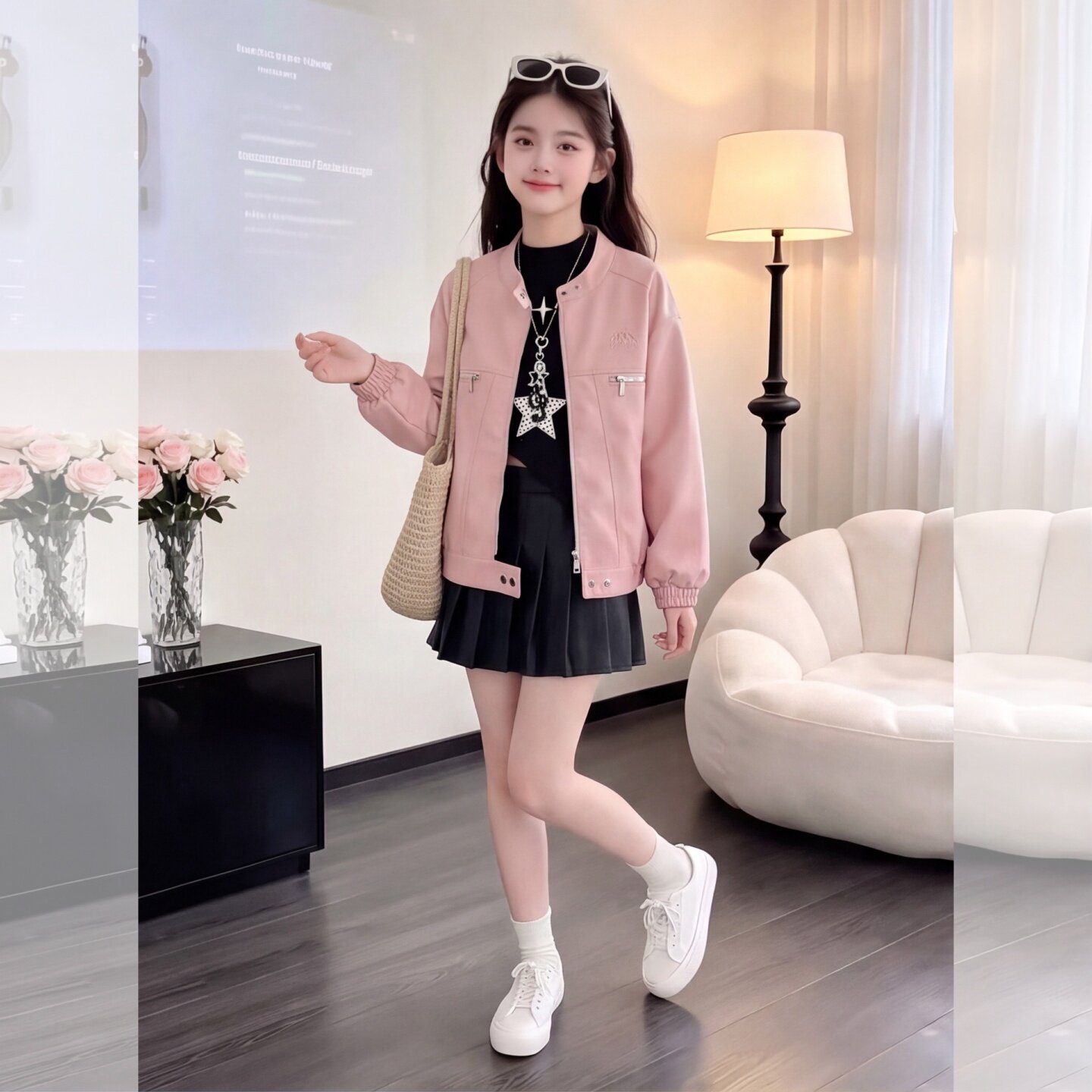 复古皮衣女童秋季短款拉链夹克粉