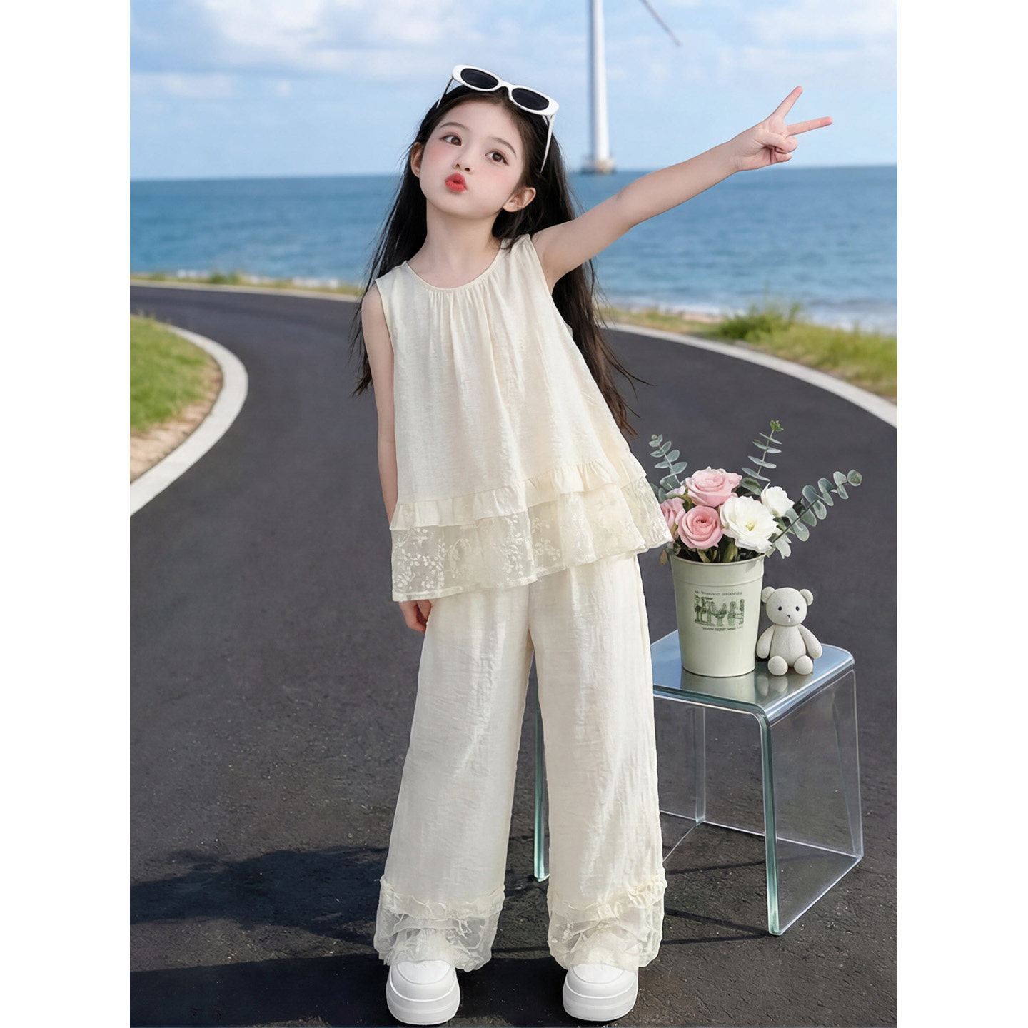 女童夏装薄款时尚无袖衫长裤套装
