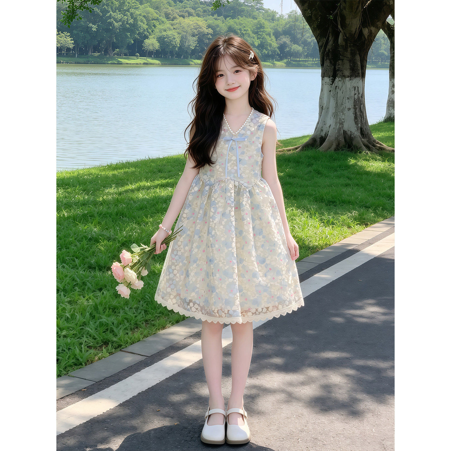 女童夏季花朵连衣裙2026新款儿童洋气无袖公主裙夏装女孩碎花裙子