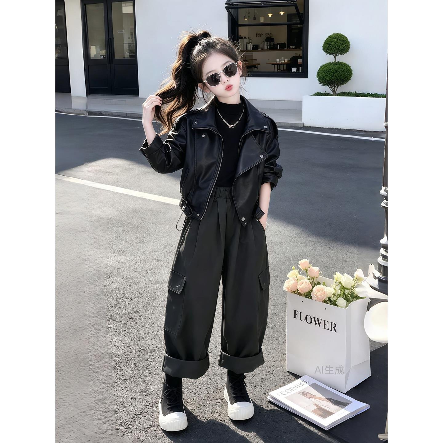 女童外套秋季2026新款儿童洋气套装秋装女大童超好看时髦皮衣夹克
