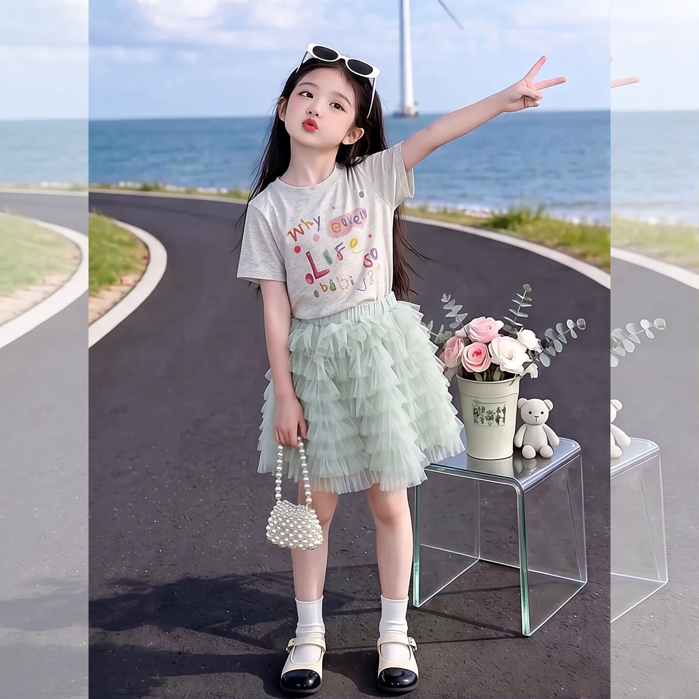 女童甜美风印花短袖T恤蛋糕裙两4