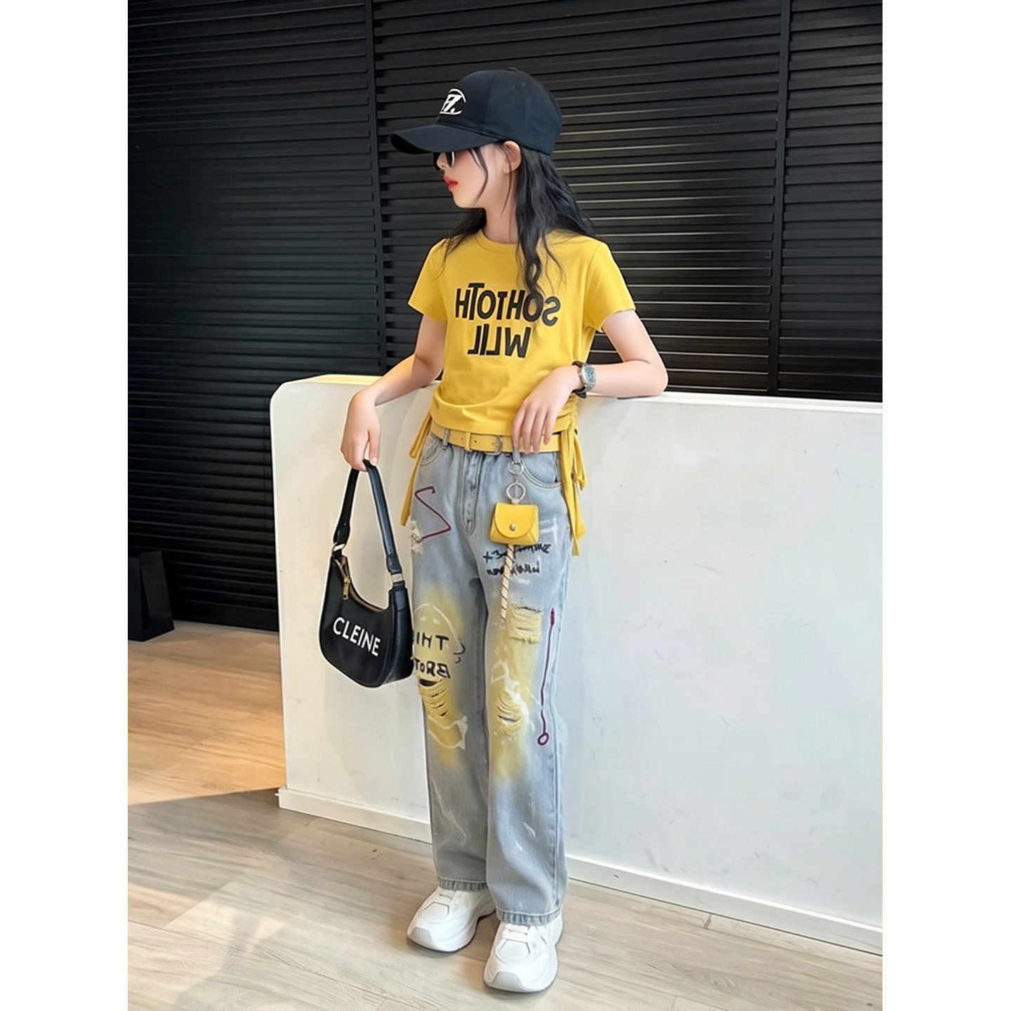 女童飘带短袖涂鸦牛仔裤套装新款