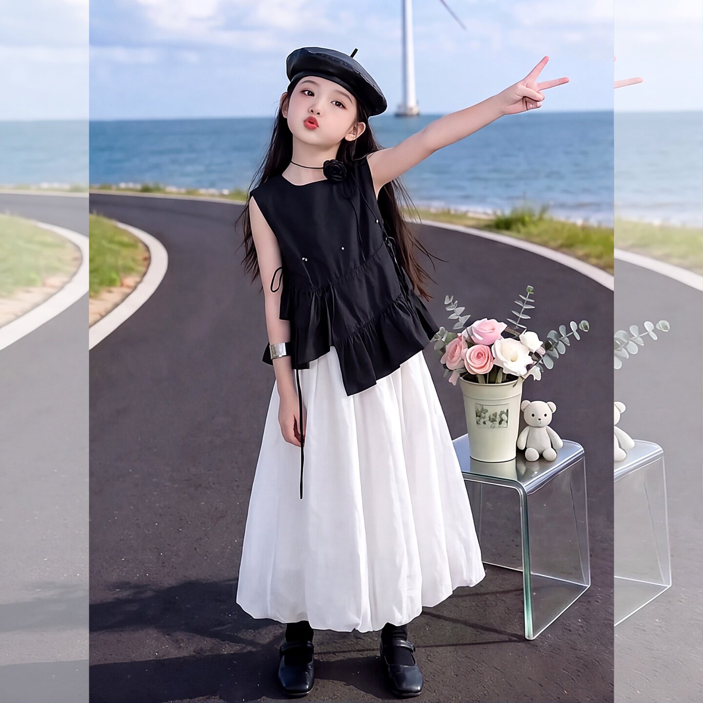 女童夏不规则无袖上衣花苞半身裙