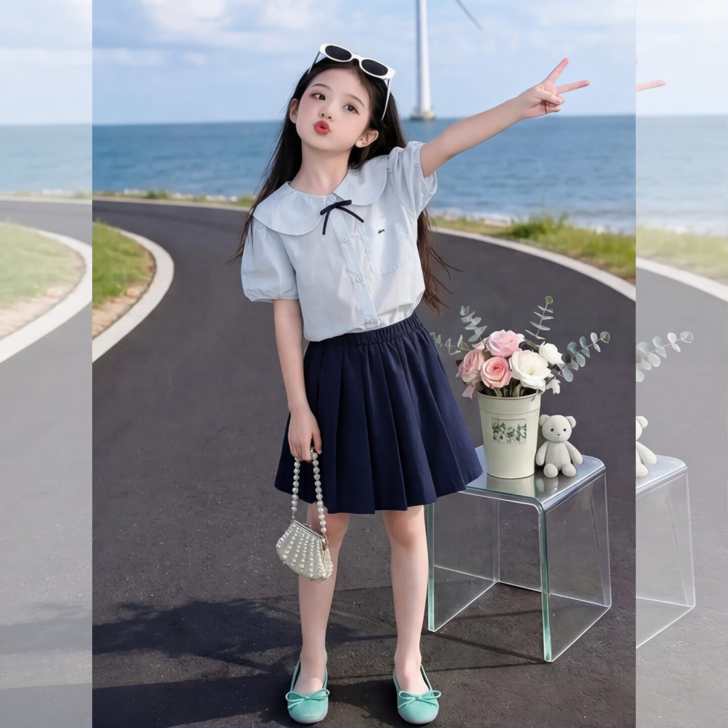 女童学院风衬衫半裙套装2026夏季