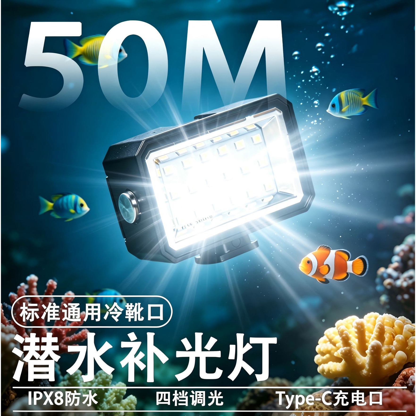 适用大疆/影石/Gopro运动相机冷靴口防水50米潜水补光灯数码配件