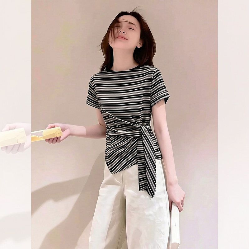慵懒感巨好看条纹绑带短袖t恤女