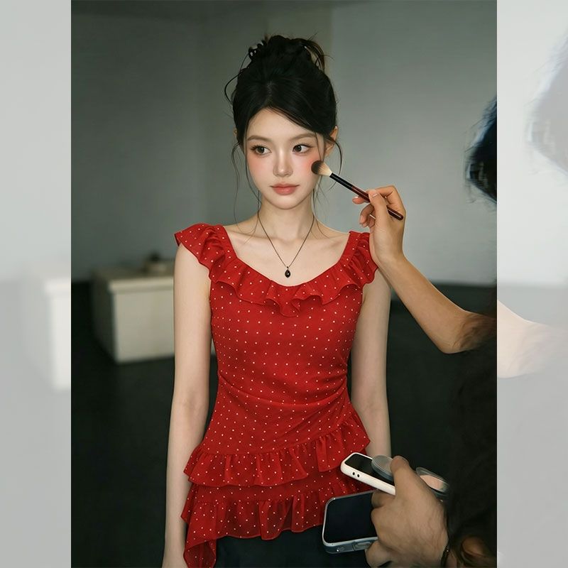 红色波点方领荷叶边收腰上衣女