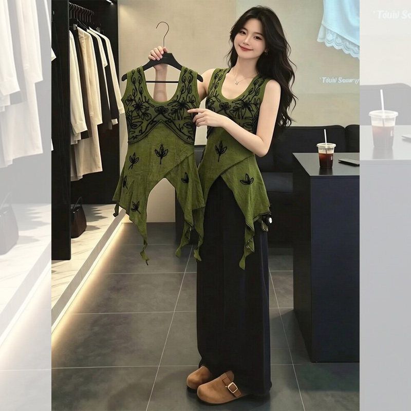 设计感小众绿色印花无袖背心女