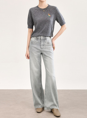 2601202-法式高腰烫钻磨白竹节棉松弛感阔腿牛仔裤南油女春款下装