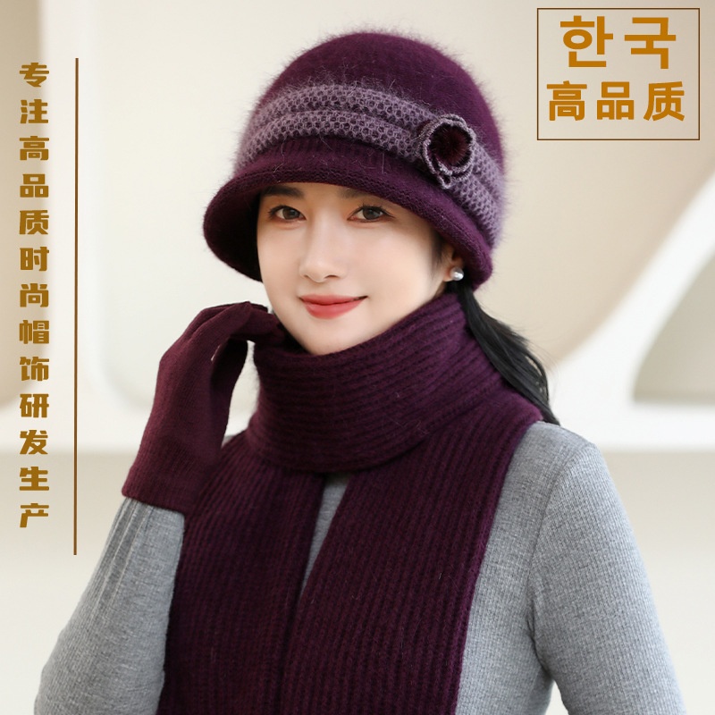 真乐妈妈帽冬季新款优雅拼色花朵兔毛帽子围巾两件套中老年保暖