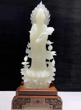 天然玉观音神像生意兴隆摆件