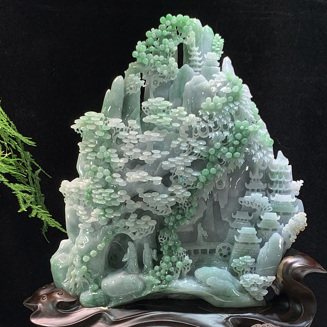 缅甸玉翡翠摆件青绿山水玉雕招财精品高山流水客厅装饰摆设送礼品