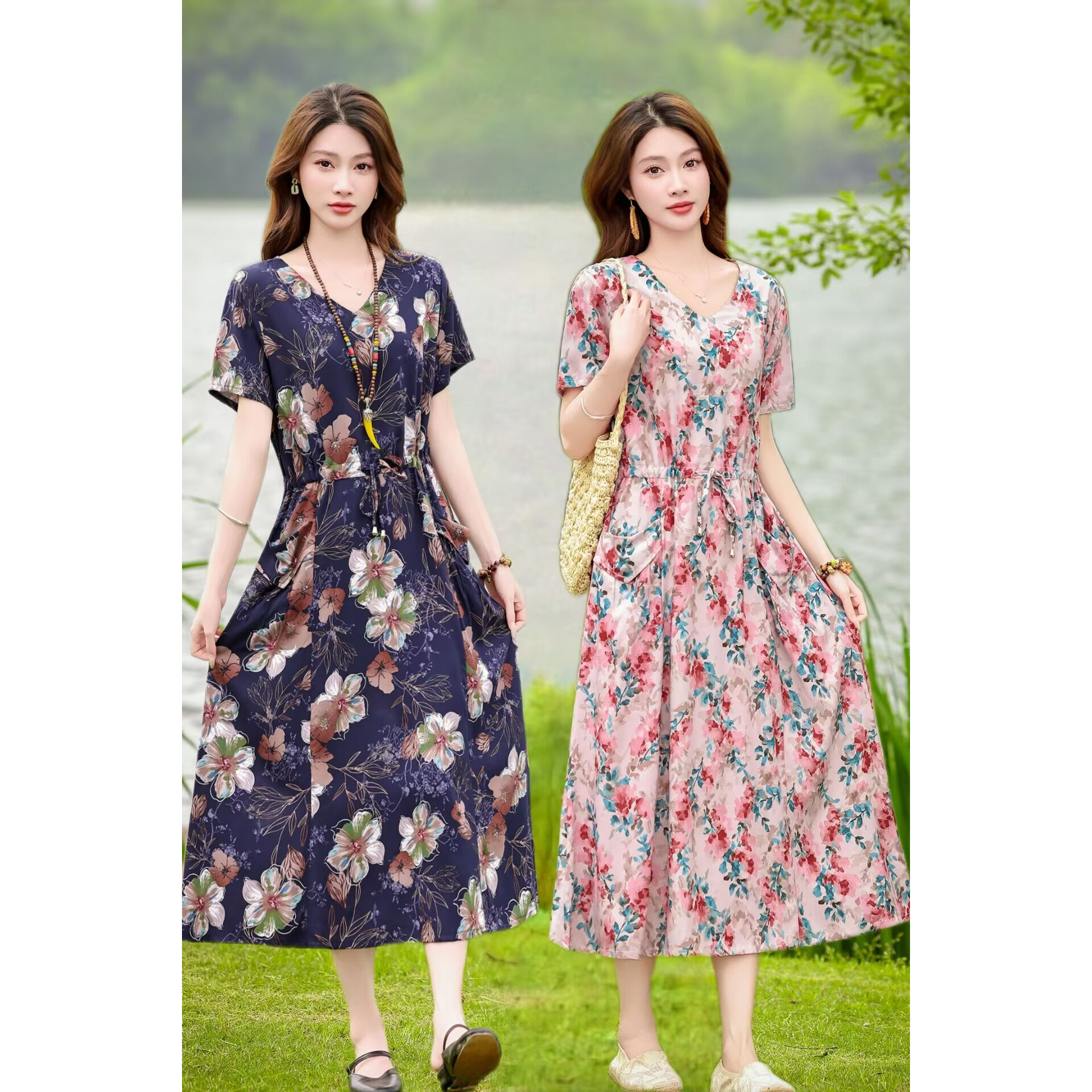 夏季大码妈妈装收腰碎花连衣裙