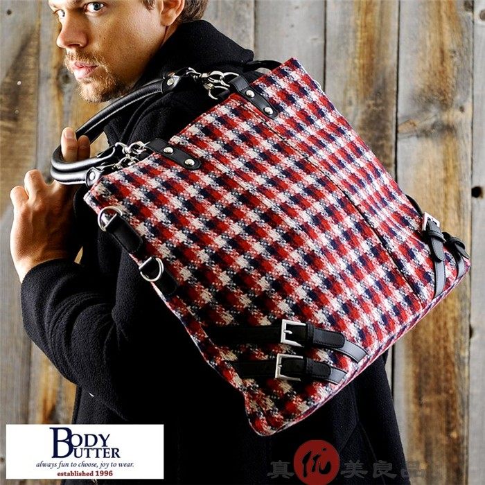 日本代购 bodybutter 男款英伦复古撞色格纹大容量休闲单肩挎包