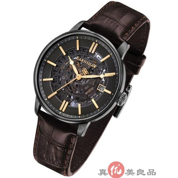 日本代购 earnshaw 男款复古全镂空表盘皮带商务休闲自动机械手表