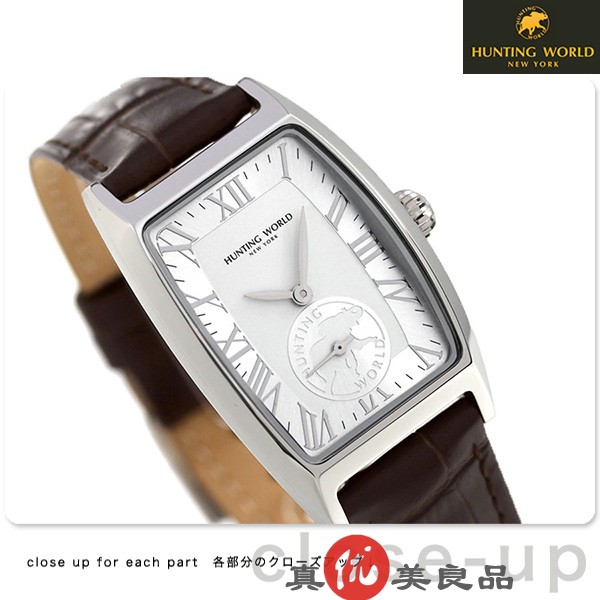 日本代购 hunting world 男士简约酒桶形表盘真皮商务石英手表