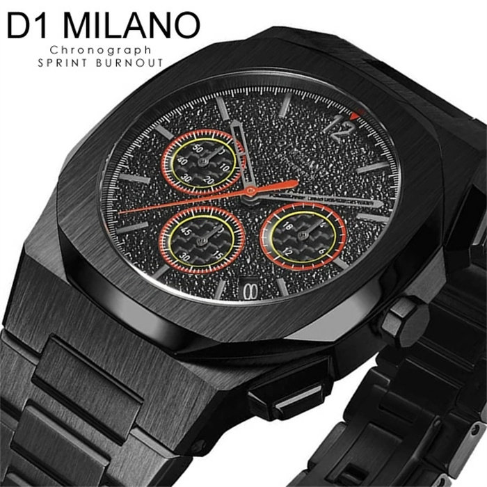 日本代购 d1 milano 男款潮流磨砂表盘三眼多功能漆黑钢带手表