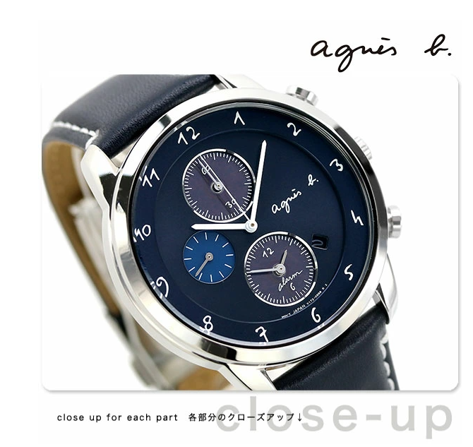 日本代购 agnes b. 男士太阳能手表真皮休闲三眼计时商务光动能表