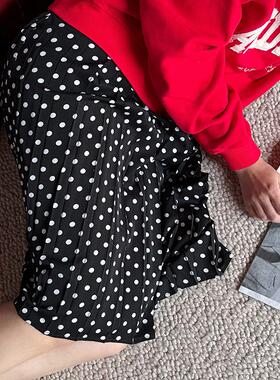 AcidPoire2025原创设计春季新品复古黑色波点半身裙女中长款