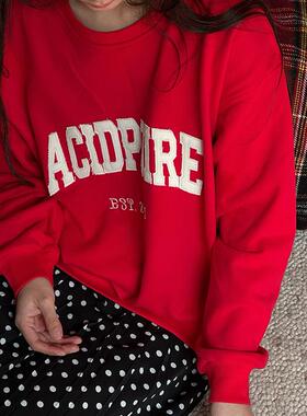 AcidPoire2025春季新款刺绣简约舒适红色宽松休闲百搭套头卫衣女