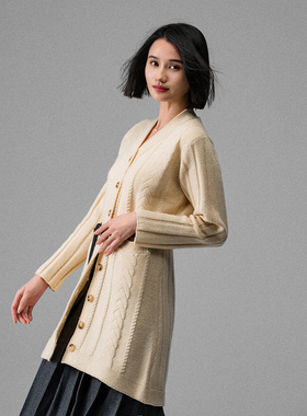 Acid Poire Aran早春米白色兔毛羊毛混纺长款针织毛衣开衫女